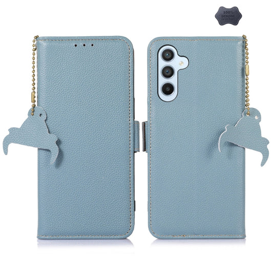 For Samsung Galaxy M35 Genuine Leather Mino Magnetic RFID Leather Phone Case(Ice Blue) - Galaxy Phone Cases by buy2fix | Online Shopping UK | buy2fix