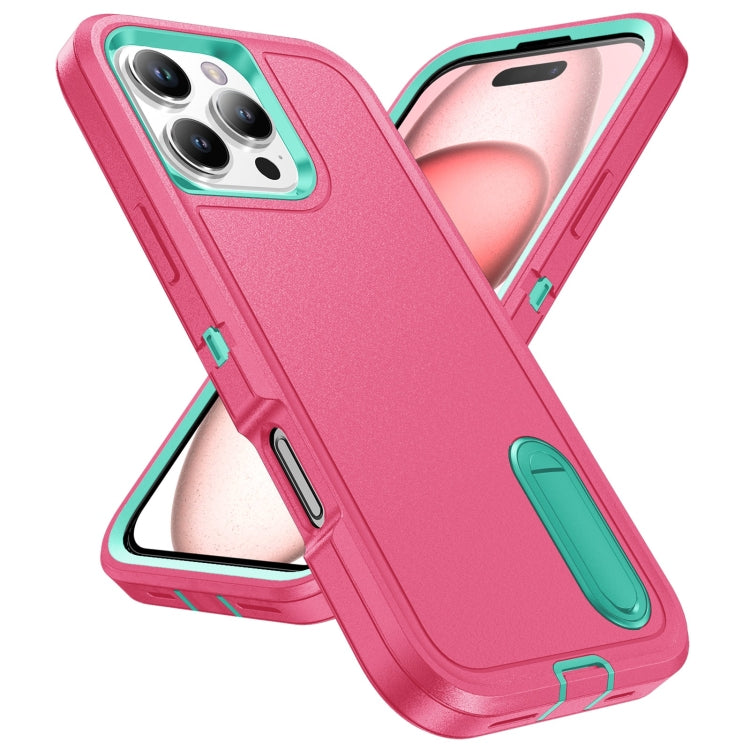 For iPhone 16 Pro Rugged PC + Silicone Phone Case with Holder(Rose Red+Light Green) - iPhone 16 Pro Cases by buy2fix | Online Shopping UK | buy2fix