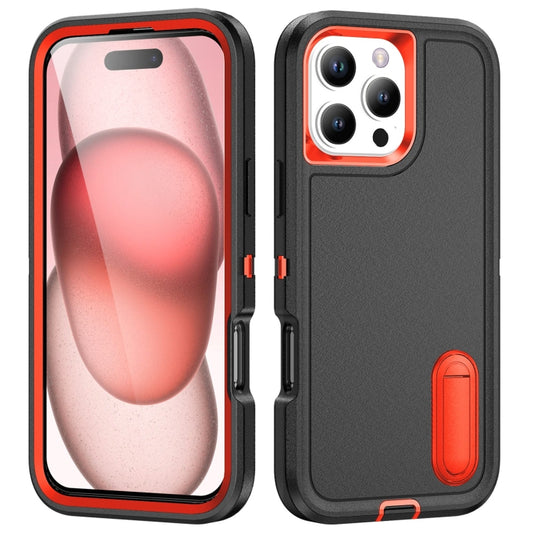 For iPhone 16 Pro Rugged PC + Silicone Phone Case with Holder(Black+Orange) by buy2fix