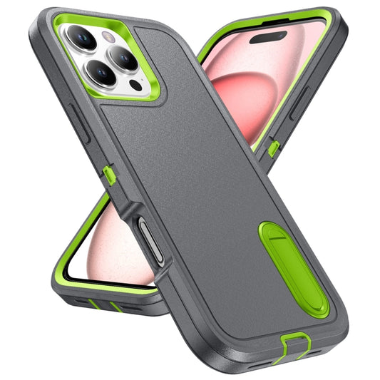For iPhone 16 Pro Rugged PC + Silicone Phone Case with Holder(Grey+Fresh Green) by buy2fix