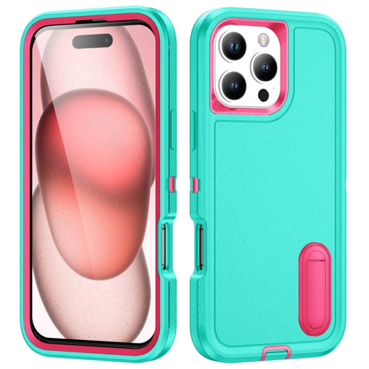 For iPhone 16 Pro Rugged PC + Silicone Phone Case with Holder(Light Green+Rose Red) by buy2fix