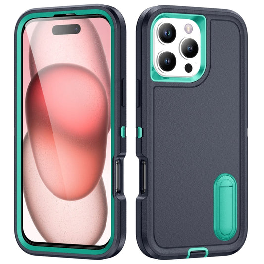 For iPhone 16 Pro Rugged PC + Silicone Phone Case with Holder(Dark Blue+Light Green) by buy2fix