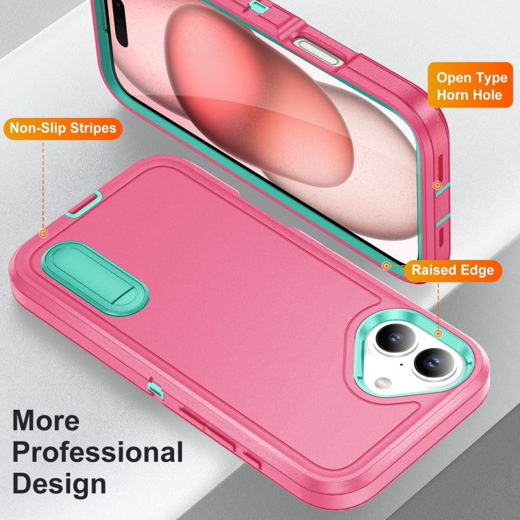 For iPhone 16 Plus Rugged PC + Silicone Phone Case with Holder(Rose Red+Light Green) - iPhone 16 Plus Cases by buy2fix | Online Shopping UK | buy2fix