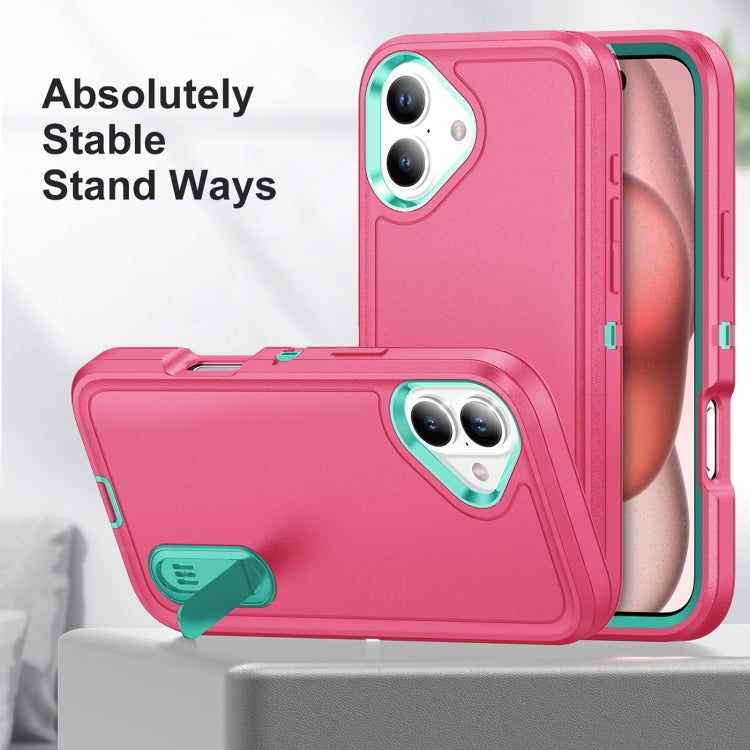 For iPhone 16 Plus Rugged PC + Silicone Phone Case with Holder(Rose Red+Light Green) - iPhone 16 Plus Cases by buy2fix | Online Shopping UK | buy2fix