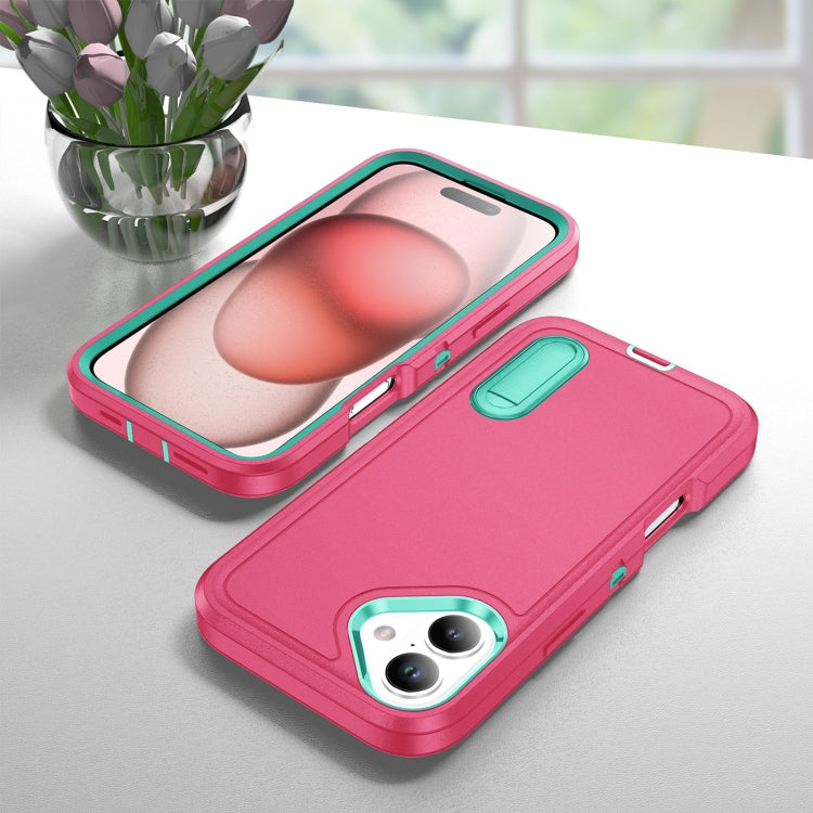 For iPhone 16 Plus Rugged PC + Silicone Phone Case with Holder(Rose Red+Light Green) - iPhone 16 Plus Cases by buy2fix | Online Shopping UK | buy2fix