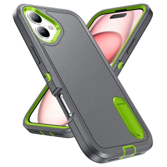 For iPhone 16 Plus Rugged PC + Silicone Phone Case with Holder(Grey+Fresh Green) by buy2fix