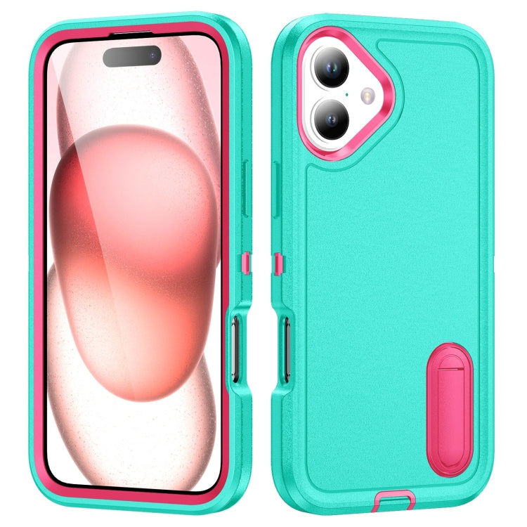 For iPhone 16 Plus Rugged PC + Silicone Phone Case with Holder(Light Green+Rose Red) - iPhone 16 Plus Cases by buy2fix | Online Shopping UK | buy2fix