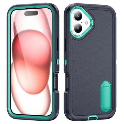 For iPhone 16 Plus Rugged PC + Silicone Phone Case with Holder(Dark Blue+Light Green) - iPhone 16 Plus Cases by buy2fix | Online Shopping UK | buy2fix