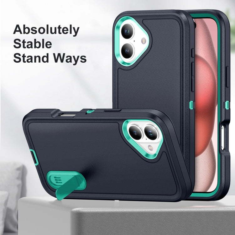 For iPhone 16 Plus Rugged PC + Silicone Phone Case with Holder(Dark Blue+Light Green) - iPhone 16 Plus Cases by buy2fix | Online Shopping UK | buy2fix