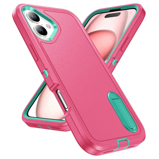 For iPhone 16 Rugged PC + Silicone Phone Case with Holder(Rose Red+Light Green) by buy2fix