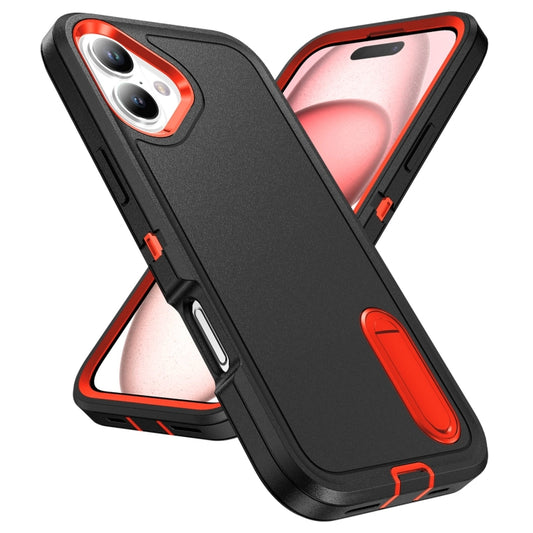For iPhone 16 Rugged PC + Silicone Phone Case with Holder(Black+Orange) by buy2fix