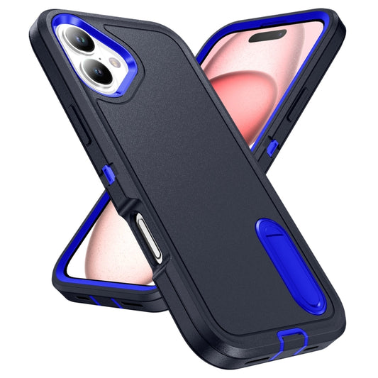 For iPhone 16 Rugged PC + Silicone Phone Case with Holder(Dark Blue+Royal Blue) by buy2fix