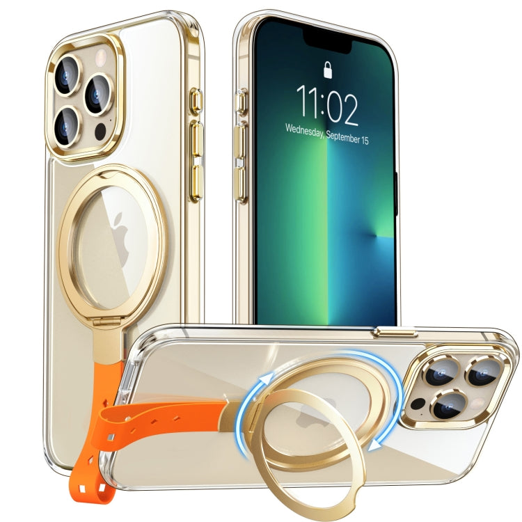 For iPhone 13 Pro Holder Hand Strap MagSafe Transparent Phone Case(Transparent Gold + Orange Strap) - iPhone 13 Pro Cases by buy2fix | Online Shopping UK | buy2fix