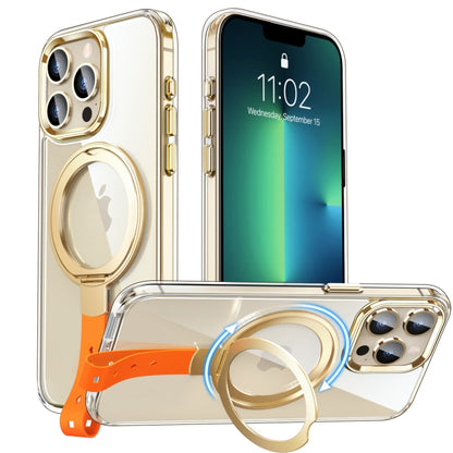 For iPhone 13 Pro Holder Hand Strap MagSafe Transparent Phone Case(Transparent Gold + Orange Strap) - iPhone 13 Pro Cases by buy2fix | Online Shopping UK | buy2fix