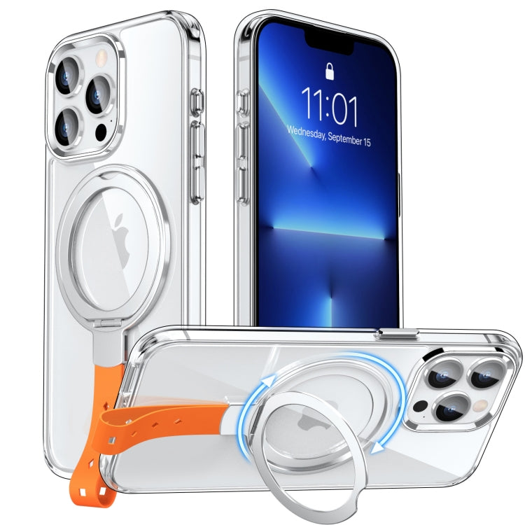For iPhone 13 Pro Holder Hand Strap MagSafe Transparent Phone Case(Transparent Silver + Orange Strap) - iPhone 13 Pro Cases by buy2fix | Online Shopping UK | buy2fix