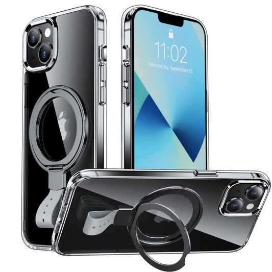 For iPhone 14 Holder Hand Strap MagSafe Transparent Phone Case(Transparent Black + Grey Strap) - iPhone 14 Cases by buy2fix | Online Shopping UK | buy2fix