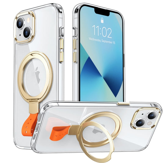 For iPhone 14 Holder Hand Strap MagSafe Transparent Phone Case(Transparent Gold + Orange Strap) - iPhone 14 Cases by buy2fix | Online Shopping UK | buy2fix