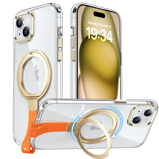 For iPhone 15 Holder Hand Strap MagSafe Transparent Phone Case(Transparent Gold + Orange Strap) - iPhone 15 Cases by buy2fix | Online Shopping UK | buy2fix