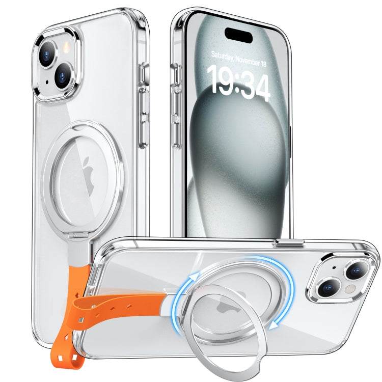 For iPhone 15 Holder Hand Strap MagSafe Transparent Phone Case(Transparent Silver + Orange Strap) - iPhone 15 Cases by buy2fix | Online Shopping UK | buy2fix