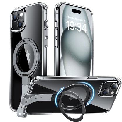 For iPhone 15 Plus Holder Hand Strap MagSafe Transparent Phone Case(Transparent Black + Grey Strap) - iPhone 15 Plus Cases by buy2fix | Online Shopping UK | buy2fix