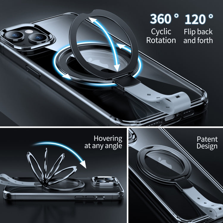 For iPhone 15 Plus Holder Hand Strap MagSafe Transparent Phone Case(Transparent Silver + Orange Strap) - iPhone 15 Plus Cases by buy2fix | Online Shopping UK | buy2fix