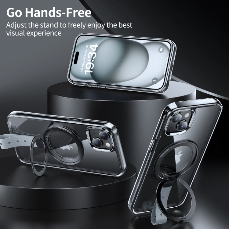 For iPhone 15 Plus Holder Hand Strap MagSafe Transparent Phone Case(Transparent Black + Grey Strap) - iPhone 15 Plus Cases by buy2fix | Online Shopping UK | buy2fix