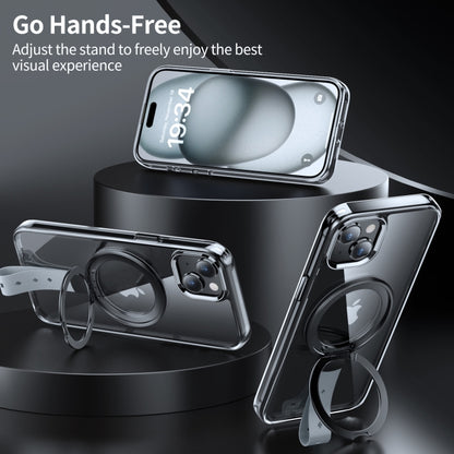 For iPhone 15 Plus Holder Hand Strap MagSafe Transparent Phone Case(Transparent Black + Grey Strap) - iPhone 15 Plus Cases by buy2fix | Online Shopping UK | buy2fix