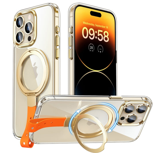 For iPhone 14 Pro Holder Hand Strap MagSafe Transparent Phone Case(Transparent Gold + Orange Strap) - iPhone 14 Pro Cases by buy2fix | Online Shopping UK | buy2fix