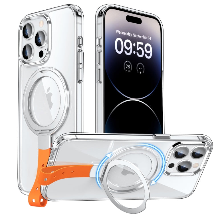 For iPhone 14 Pro Holder Hand Strap MagSafe Transparent Phone Case(Transparent Silver + Orange Strap) - iPhone 14 Pro Cases by buy2fix | Online Shopping UK | buy2fix