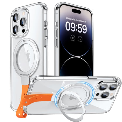 For iPhone 14 Pro Holder Hand Strap MagSafe Transparent Phone Case(Transparent Silver + Orange Strap) - iPhone 14 Pro Cases by buy2fix | Online Shopping UK | buy2fix