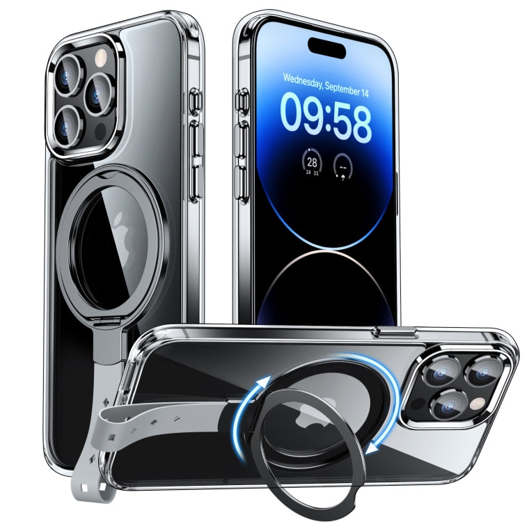 For iPhone 14 Pro Max Holder Hand Strap MagSafe Transparent Phone Case(Transparent Black + Grey Strap) - iPhone 14 Pro Max Cases by buy2fix | Online Shopping UK | buy2fix