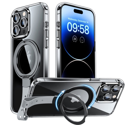 For iPhone 14 Pro Max Holder Hand Strap MagSafe Transparent Phone Case(Transparent Black + Grey Strap) - iPhone 14 Pro Max Cases by buy2fix | Online Shopping UK | buy2fix