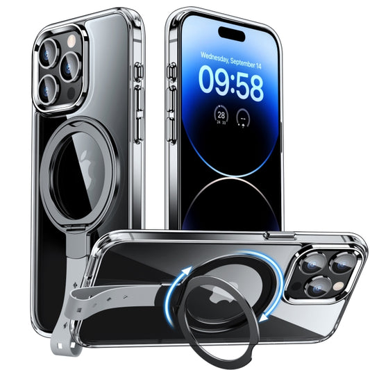 For iPhone 14 Pro Max Holder Hand Strap MagSafe Transparent Phone Case(Transparent Black + Grey Strap) - iPhone 14 Pro Max Cases by buy2fix | Online Shopping UK | buy2fix