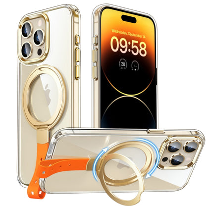 For iPhone 14 Pro Max Holder Hand Strap MagSafe Transparent Phone Case(Transparent Gold + Orange Strap) - iPhone 14 Pro Max Cases by buy2fix | Online Shopping UK | buy2fix