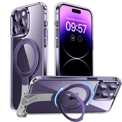 For iPhone 14 Pro Max Holder Hand Strap MagSafe Transparent Phone Case(Purple + Grey Strap) - iPhone 14 Pro Max Cases by buy2fix | Online Shopping UK | buy2fix