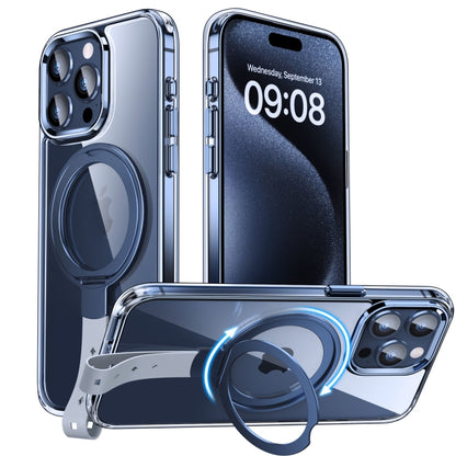For iPhone 15 Pro Holder Hand Strap MagSafe Transparent Phone Case(Blue + Grey Strap) - iPhone 15 Pro Cases by buy2fix | Online Shopping UK | buy2fix