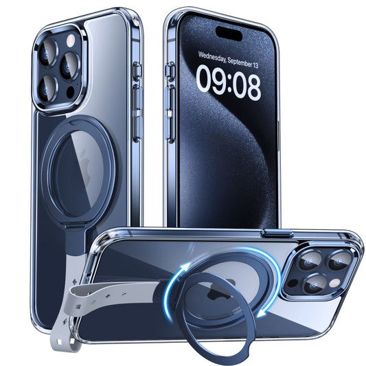 For iPhone 15 Pro Max Holder Hand Strap MagSafe Transparent Phone Case(Blue + Grey Strap) - iPhone 15 Pro Max Cases by buy2fix | Online Shopping UK | buy2fix