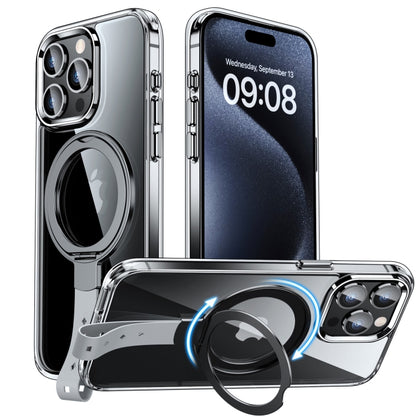 For iPhone 15 Pro Max Holder Hand Strap MagSafe Transparent Phone Case(Transparent Black + Grey Strap) - iPhone 15 Pro Max Cases by buy2fix | Online Shopping UK | buy2fix