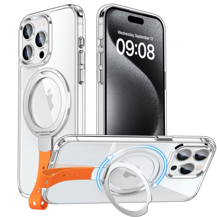 For iPhone 15 Pro Max Holder Hand Strap MagSafe Transparent Phone Case(Transparent Silver + Orange Strap) - iPhone 15 Pro Max Cases by buy2fix | Online Shopping UK | buy2fix