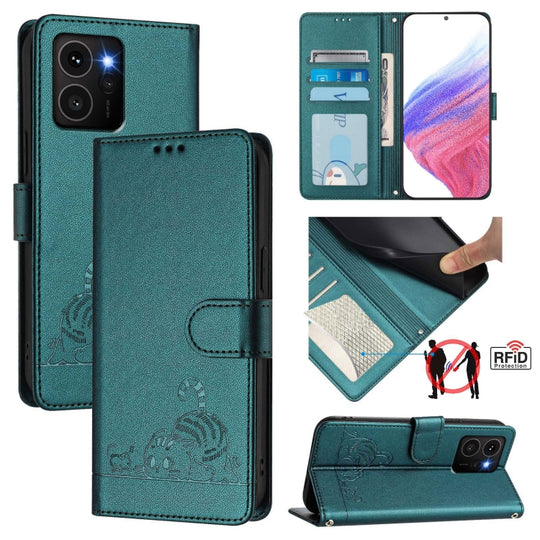 For HMD Skyline Cat Rat Embossed RFID Leather Phone Case with Lanyard(Peacock Green)
