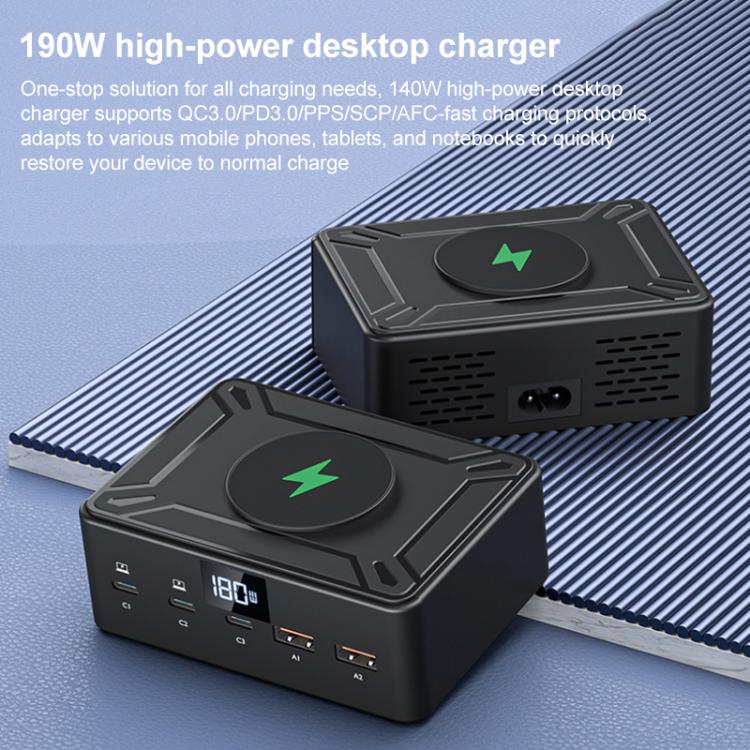 190W LED Display 3 x Type-C + 2 x USB Multi Ports Charger Support QI Wireless Charging(UK Plug) - Multifunction Charger by buy2fix | Online Shopping UK | buy2fix