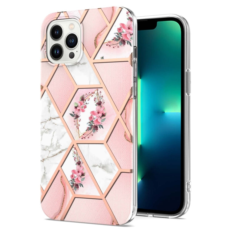 For iPhone 16 Pro Max Splicing Marble Flower IMD TPU Phone Case(Pink Flower) - iPhone 16 Pro Max Cases by buy2fix | Online Shopping UK | buy2fix