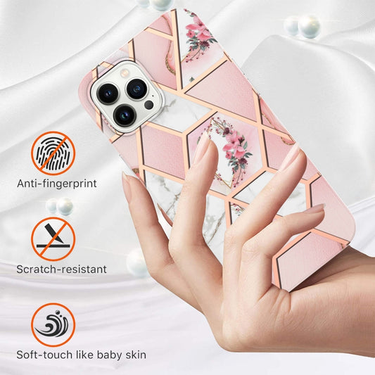 For iPhone 16 Pro Max Splicing Marble Flower IMD TPU Phone Case(Pink Flower) by buy2fix