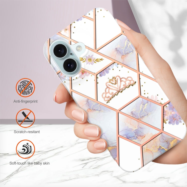 For iPhone 16 Plus Splicing Marble Flower IMD TPU Phone Case(Crown) - iPhone 16 Plus Cases by buy2fix | Online Shopping UK | buy2fix