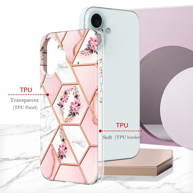 For iPhone 16 Plus Splicing Marble Flower IMD TPU Phone Case(Pink Flower) - iPhone 16 Plus Cases by buy2fix | Online Shopping UK | buy2fix