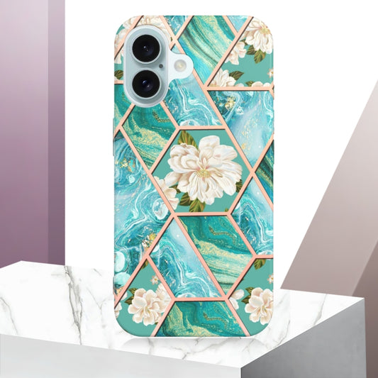 For iPhone 16 Splicing Marble Flower IMD TPU Phone Case(Blue Flower) by buy2fix
