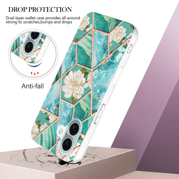 For iPhone 16 Splicing Marble Flower IMD TPU Phone Case(Blue Flower) - iPhone 16 Cases by buy2fix | Online Shopping UK | buy2fix