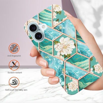 For iPhone 16 Splicing Marble Flower IMD TPU Phone Case(Blue Flower) - iPhone 16 Cases by buy2fix | Online Shopping UK | buy2fix