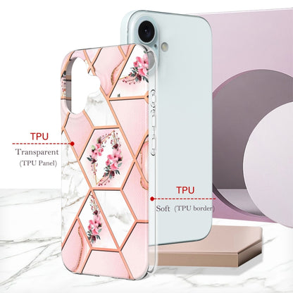 For iPhone 16 Splicing Marble Flower IMD TPU Phone Case(Pink Flower) - iPhone 16 Cases by buy2fix | Online Shopping UK | buy2fix