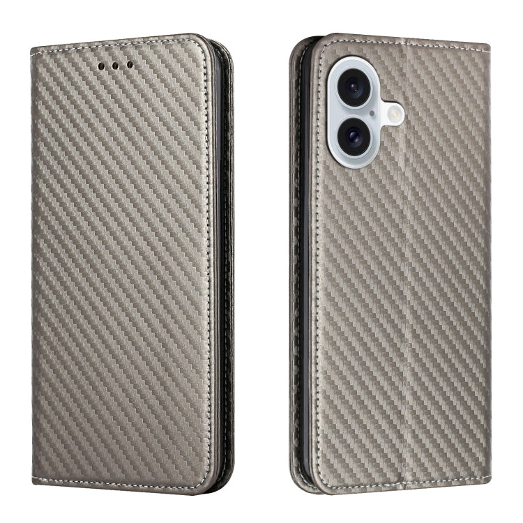 For iPhone 16 Plus Carbon Fiber Texture Magnetic Flip Leather Phone Case(Grey) - iPhone 16 Plus Cases by buy2fix | Online Shopping UK | buy2fix